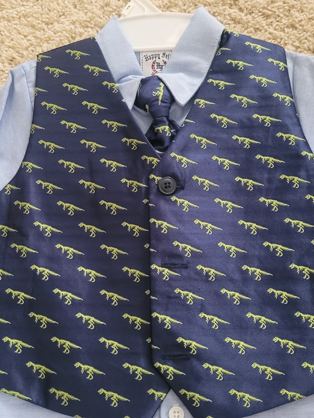 NWT Happy Fella Boys 4T Blue Dresshirt Navy Trex Dinosaur Vest & Tie - Picture 3 of 7